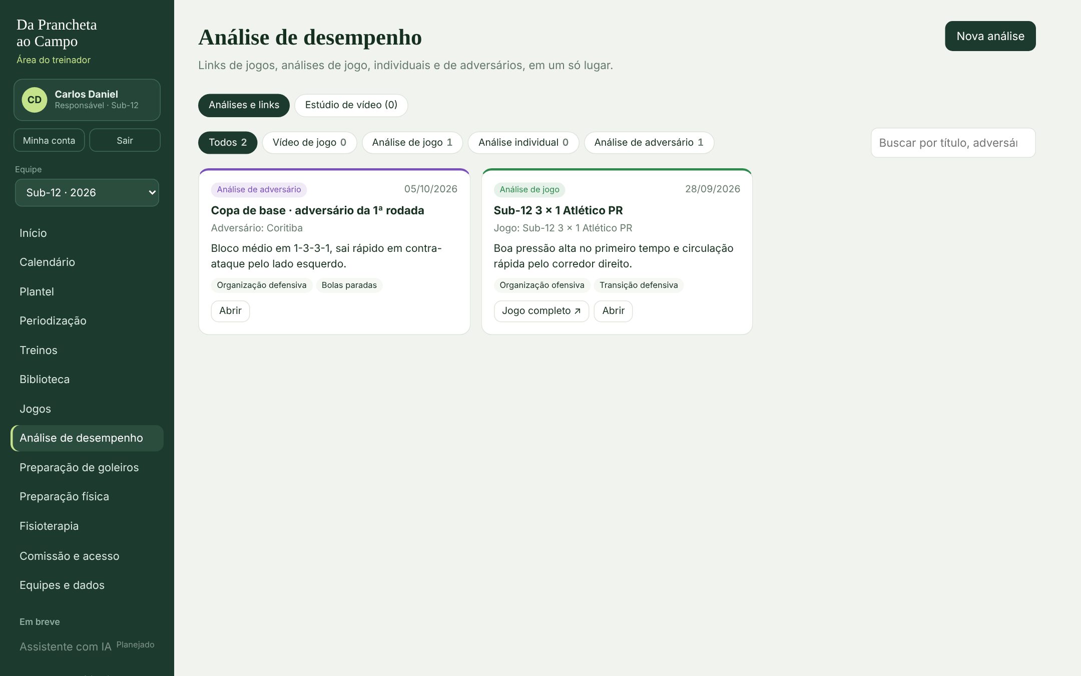 Tela Análise de desempenho do app