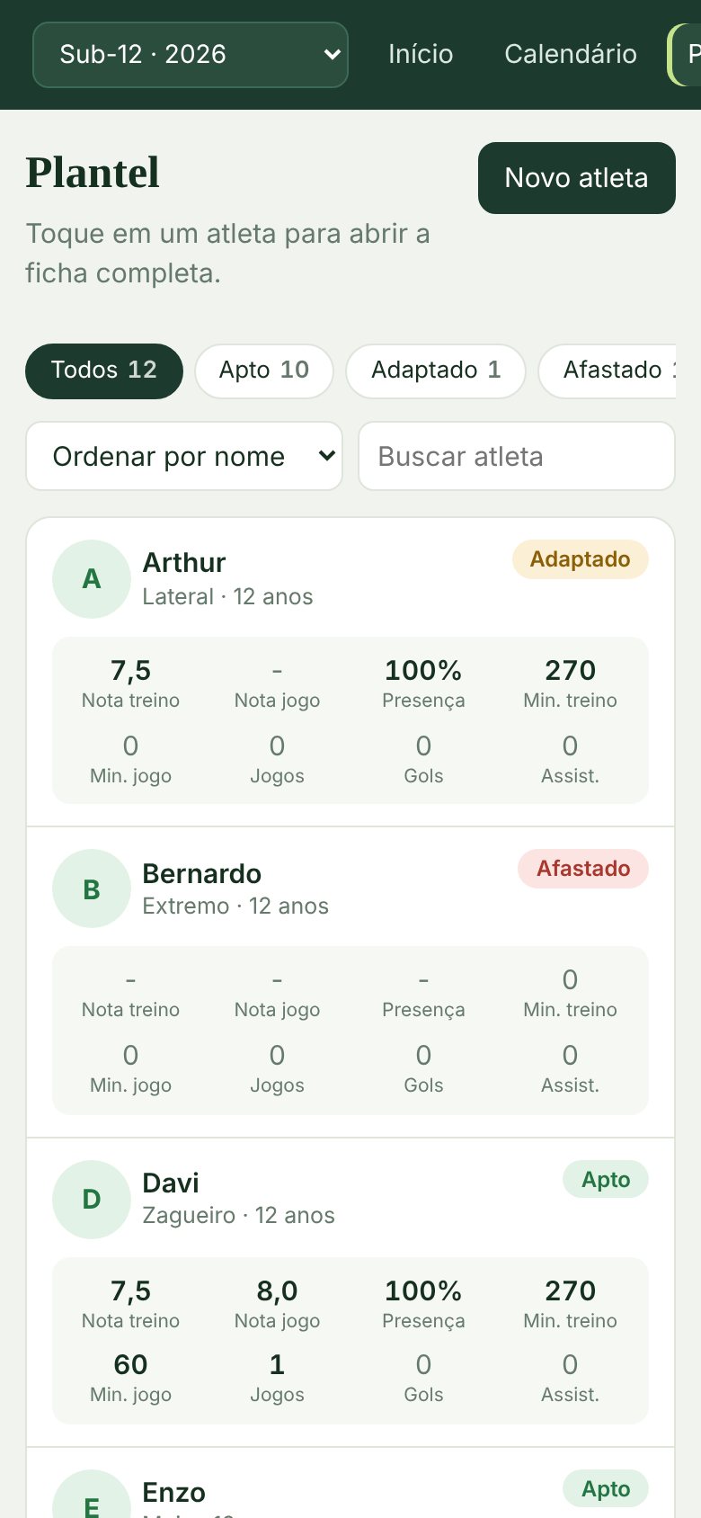 O app no celular, tela do plantel