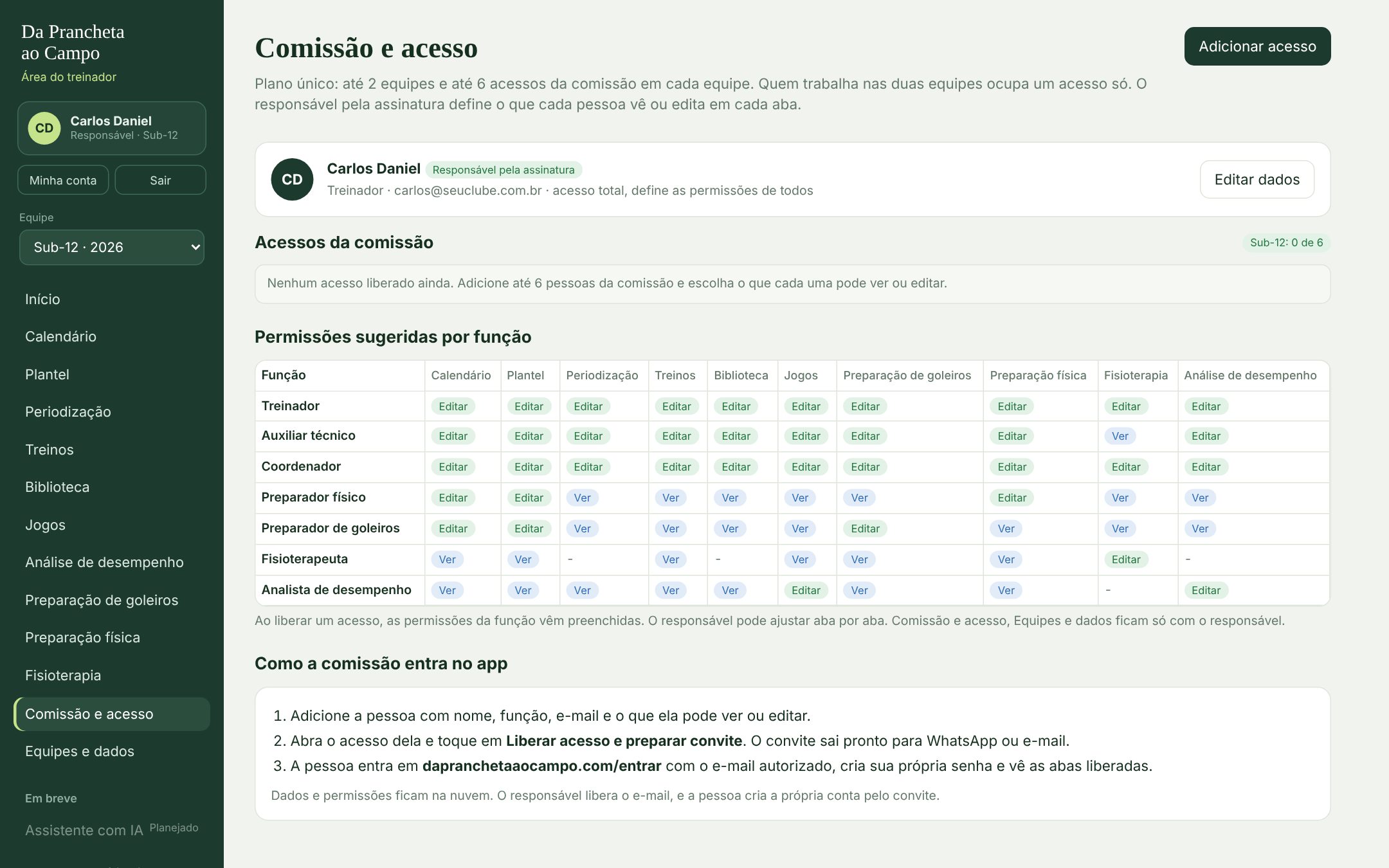 Tela Comissão e acesso do app