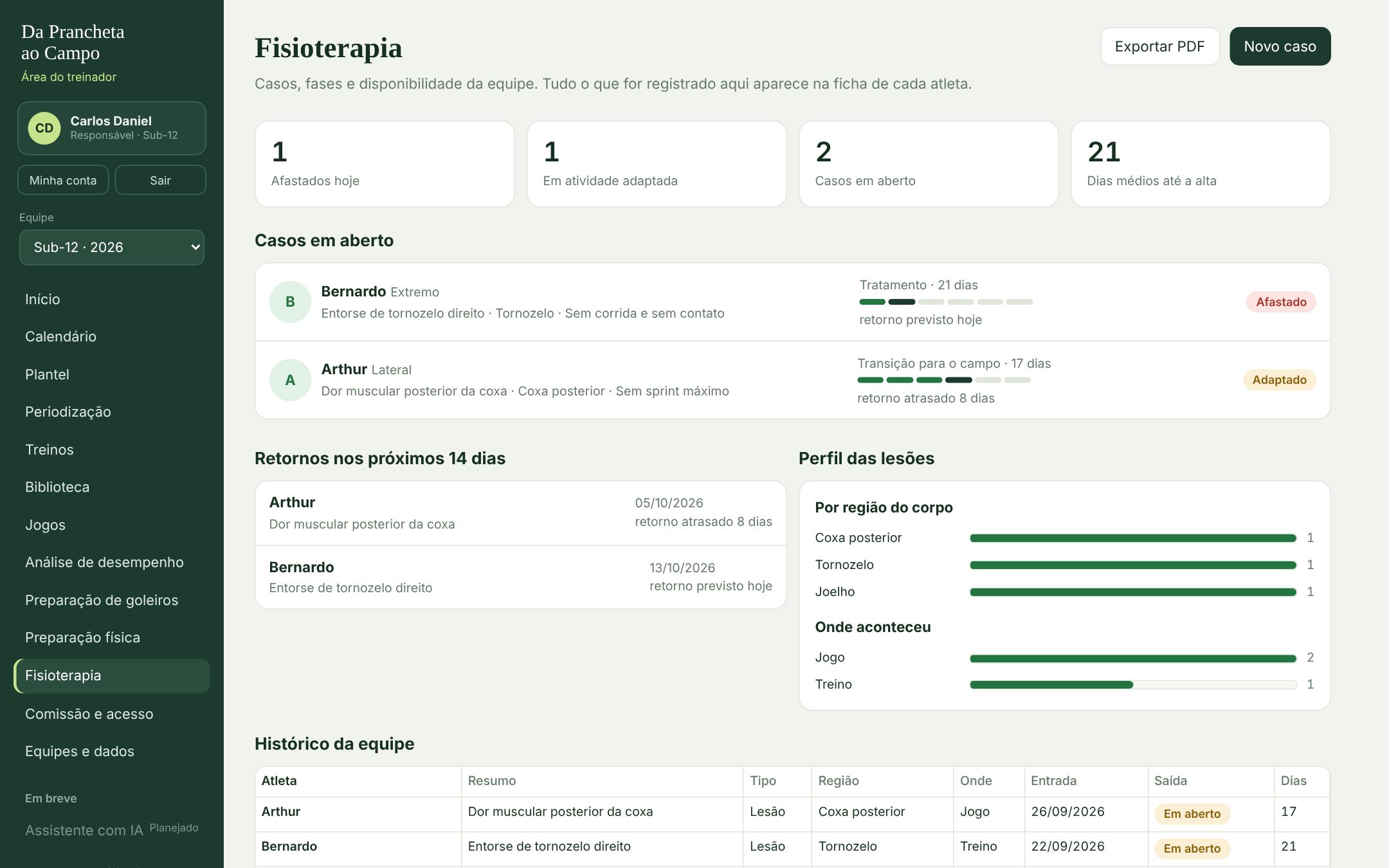 Tela Fisioterapia do app