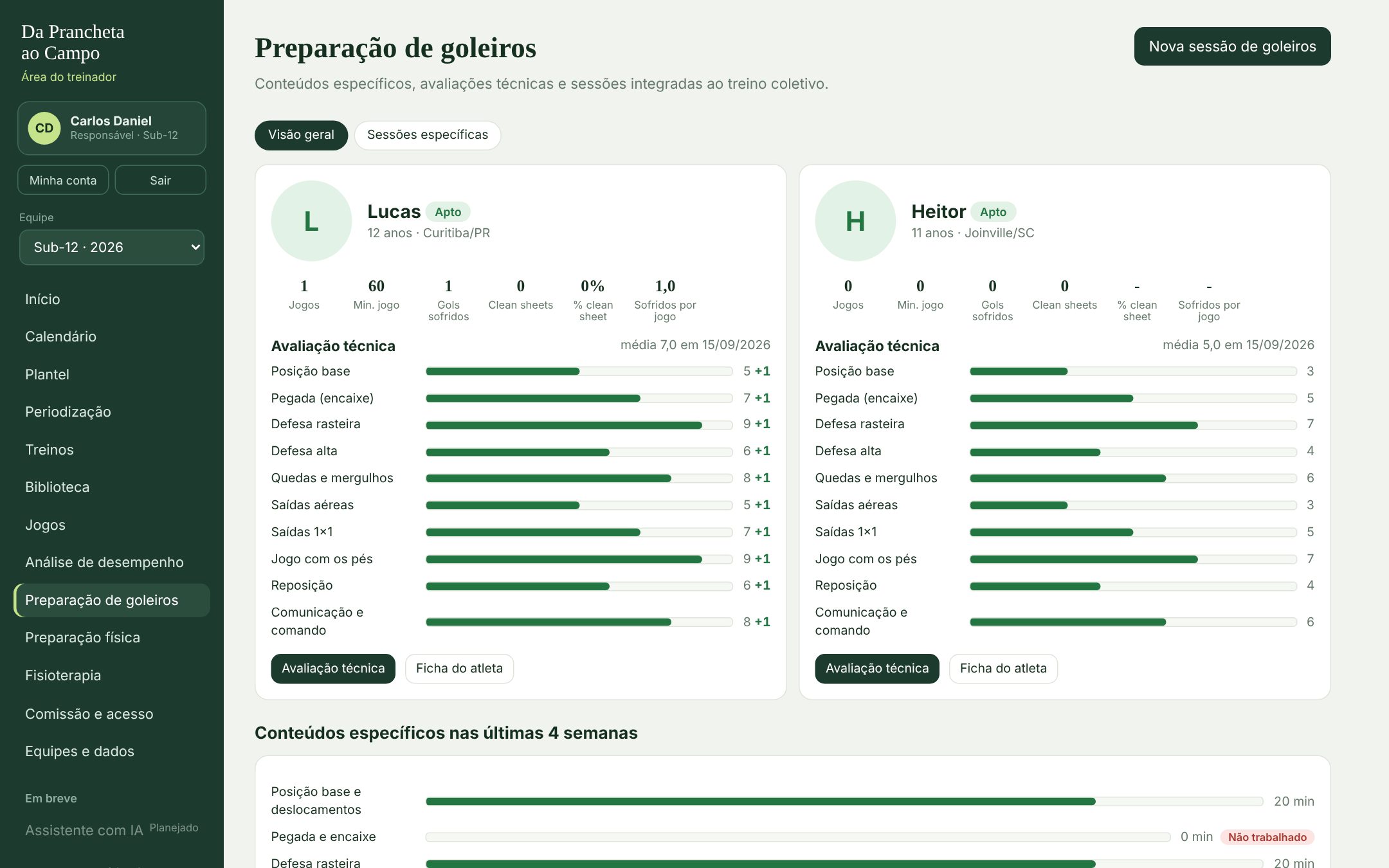 Tela Preparação de goleiros do app